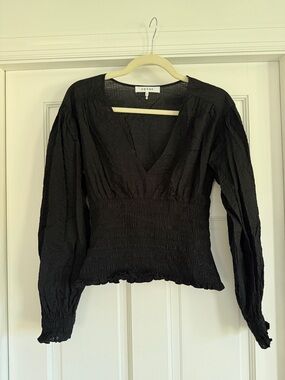 Frame Black V-Neck Smocked Waist Long Sleeve Blouse